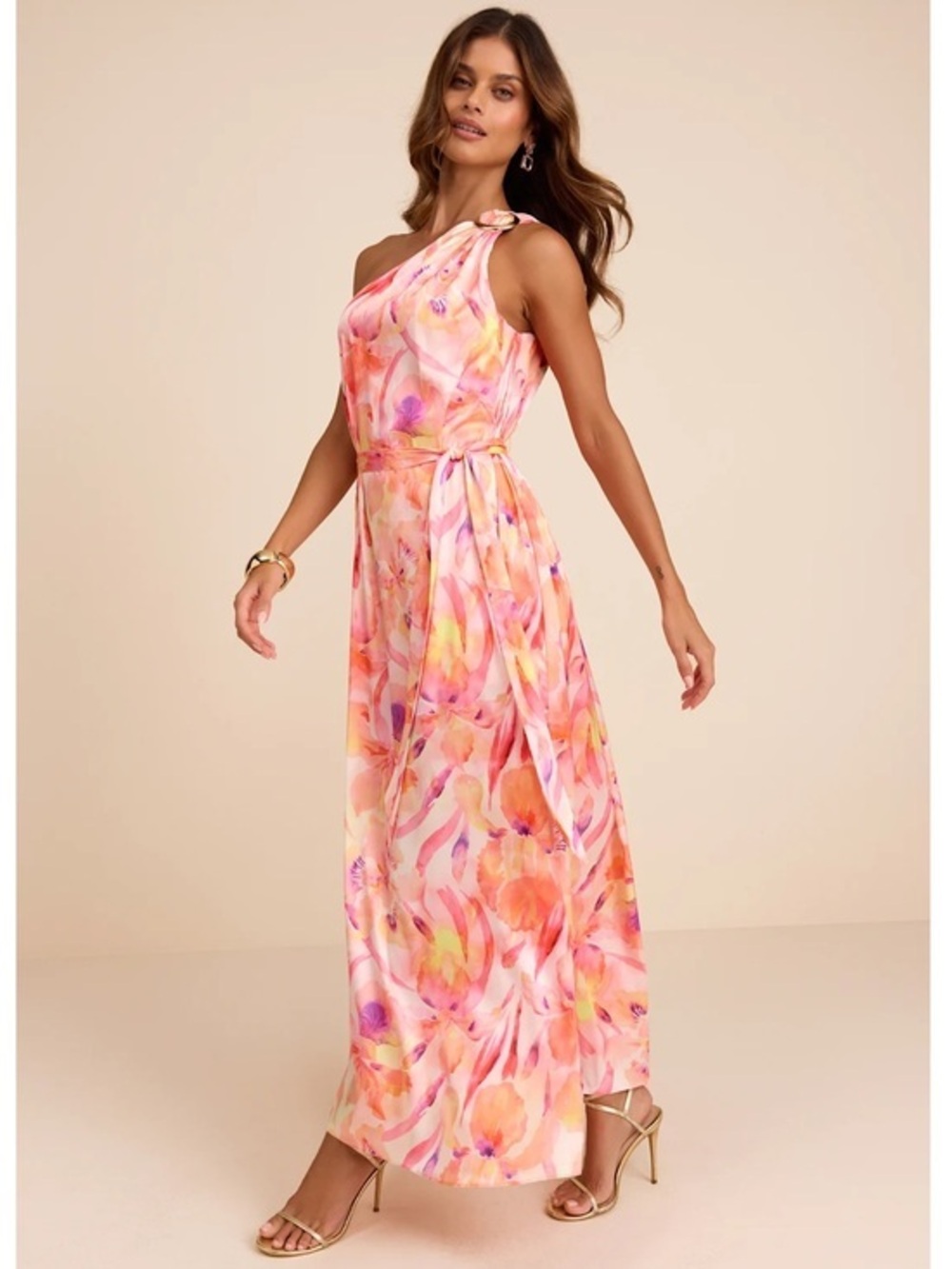 NWT Lulu’s Goddess Aura Orange Multi Floral Satin One-Shoulder Maxi Dress M & XL